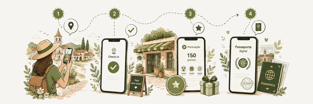 Imagem representando check-in, pontos, selos e passaporte digital